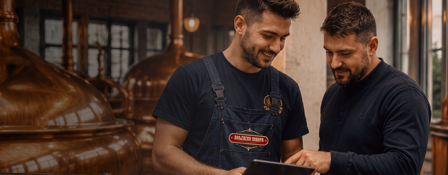 Radnici Valjevske pivare u pivnici pregledaju tablet
